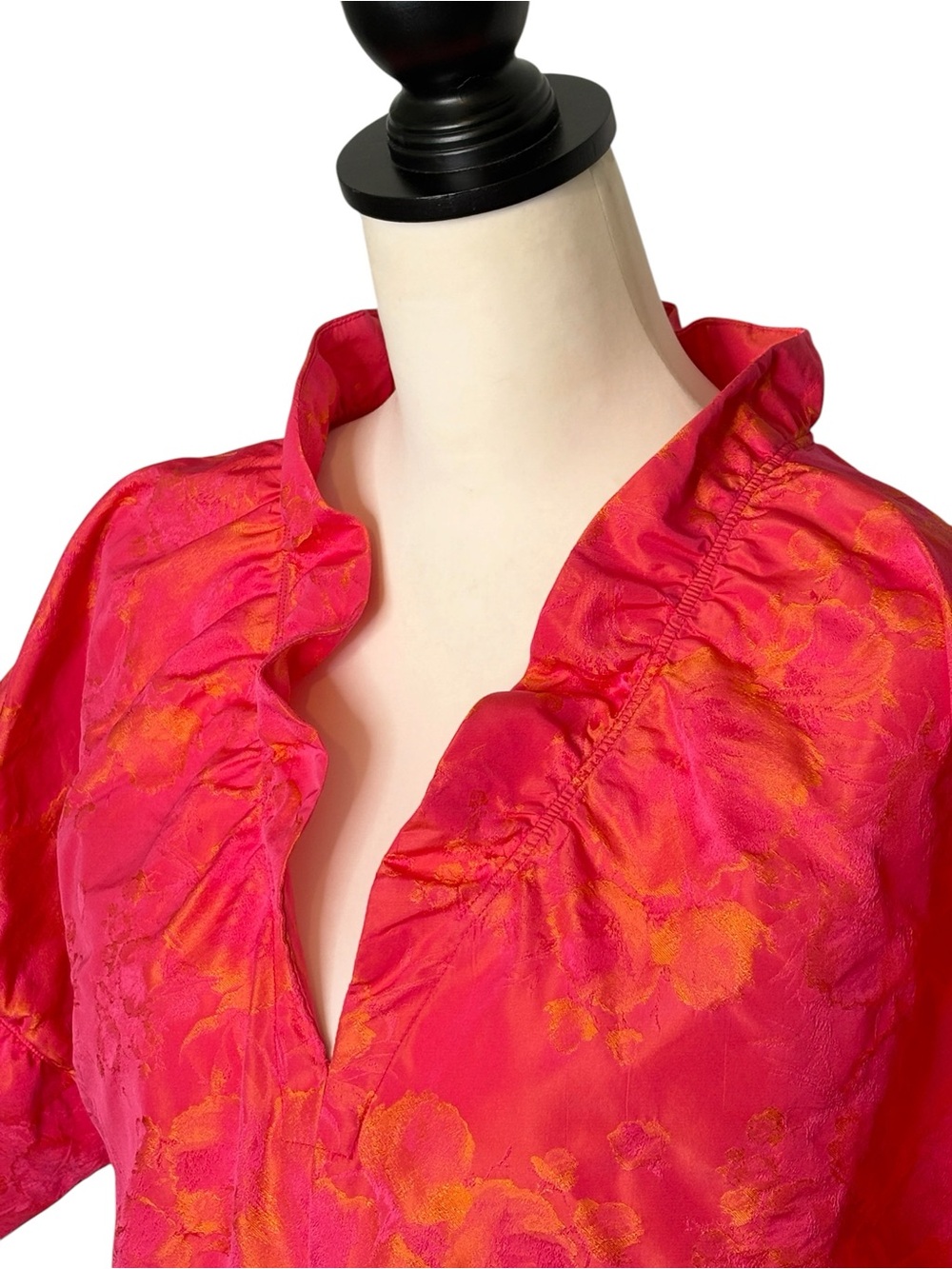 Finley Crosby Top Neon Rose Floral Jacquard Ruffle Neck Blouse Pink Orange L - Picture 4 of 11